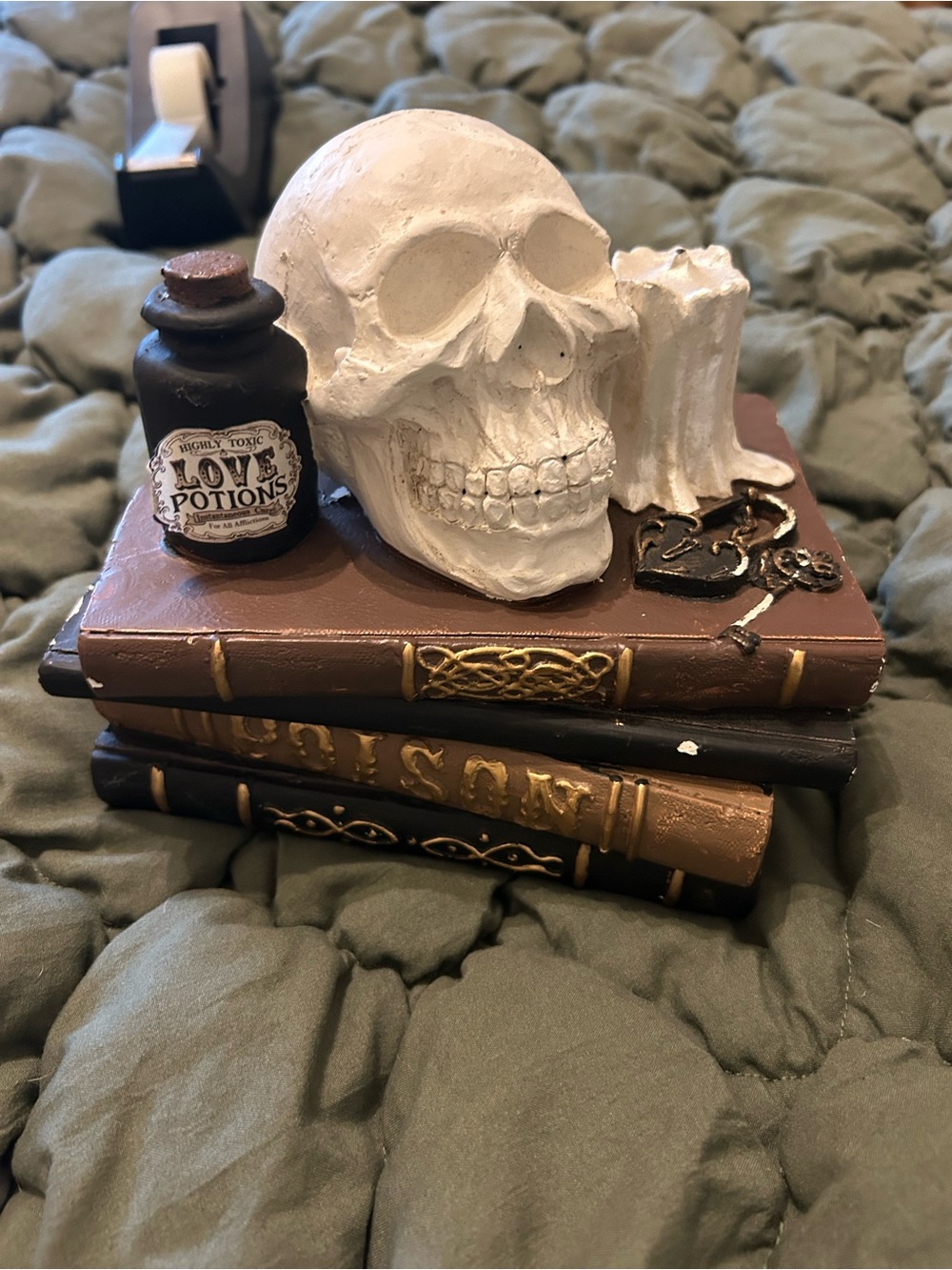 Gothic Skull & Potion Stack Decorative Accent - White Skull on Brown Books